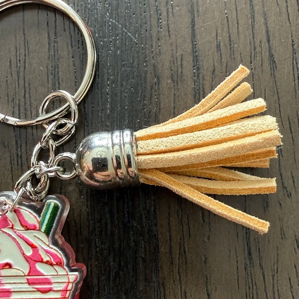 Starbucks inspired Pink Red and White Frappuccino Keychain with red tassle